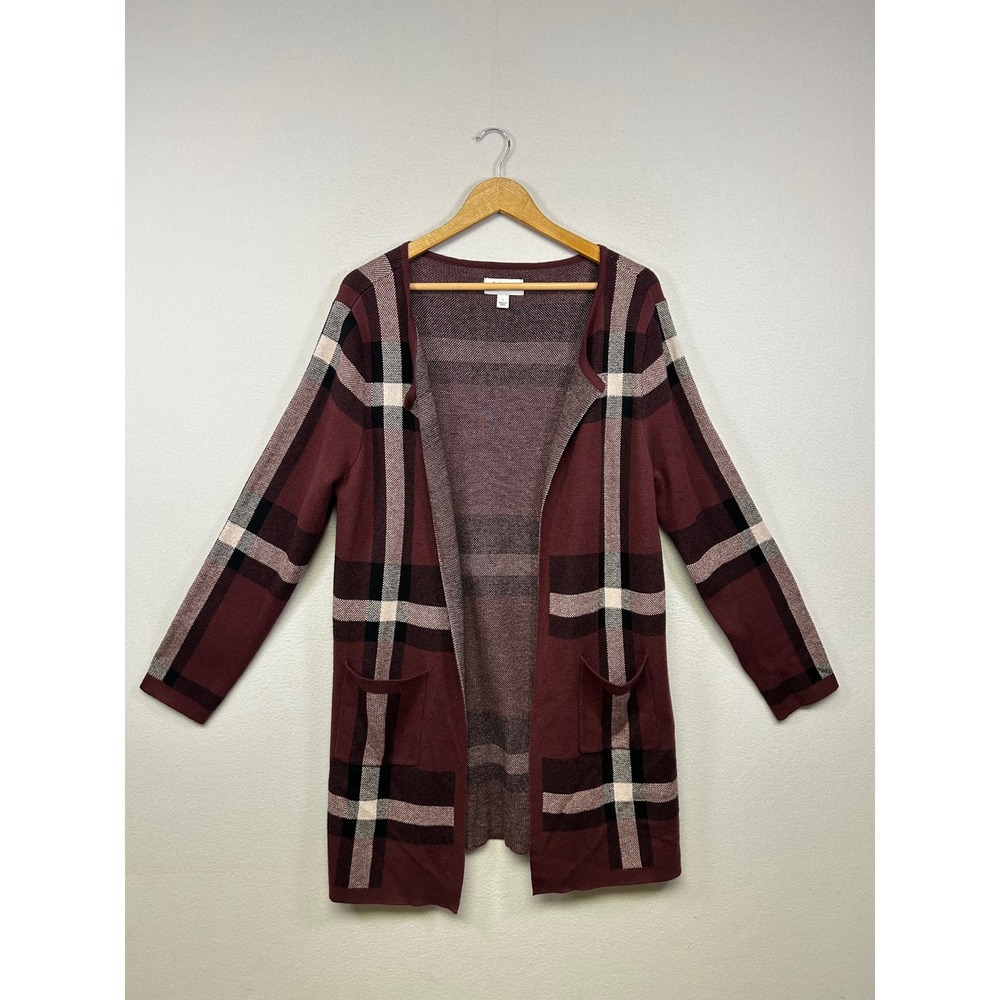Dark Academia ELLE Womens LG Burgundy Plaid Open Front Longline Cardigan Pockets